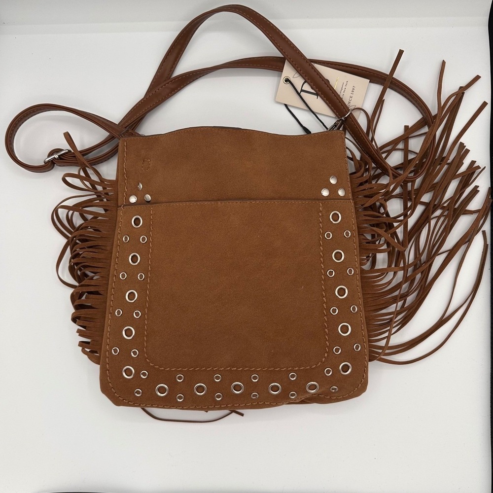 DS Small Adjustable Crossbody Brown Boho Western Fringe Grommet Bag Purse NWT